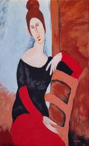 Contemplative Elegance – Figurative Soft Painting in Red and Black