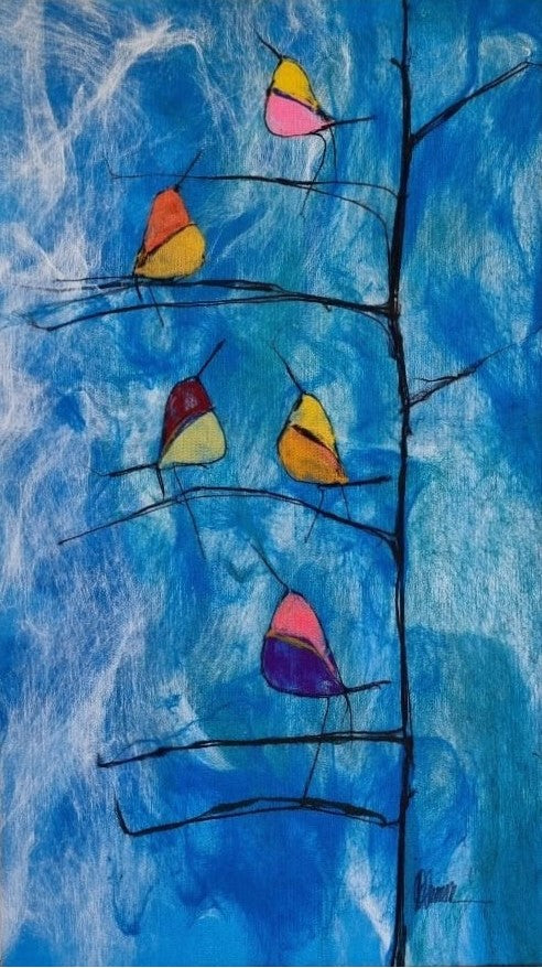 Serenity in Flight – Abstract Soft Painting of Birds on a Branch