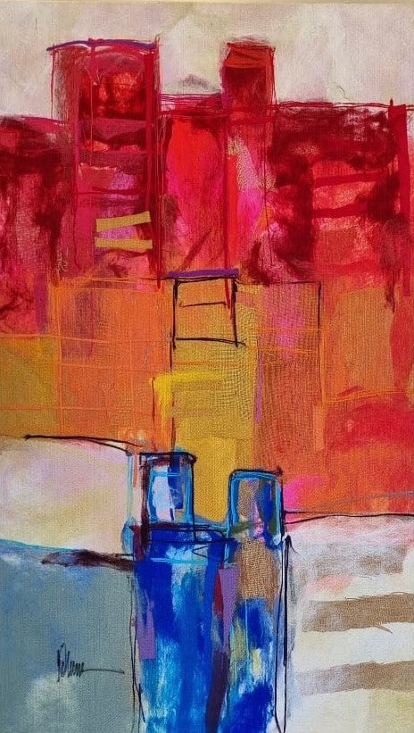 Urban Glow – Abstract Cityscape Soft Painting in Bold Red and Blue