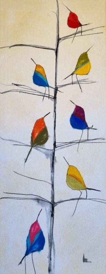 Tree of Colors – Tall Abstract Soft Painting with Birds in Harmony