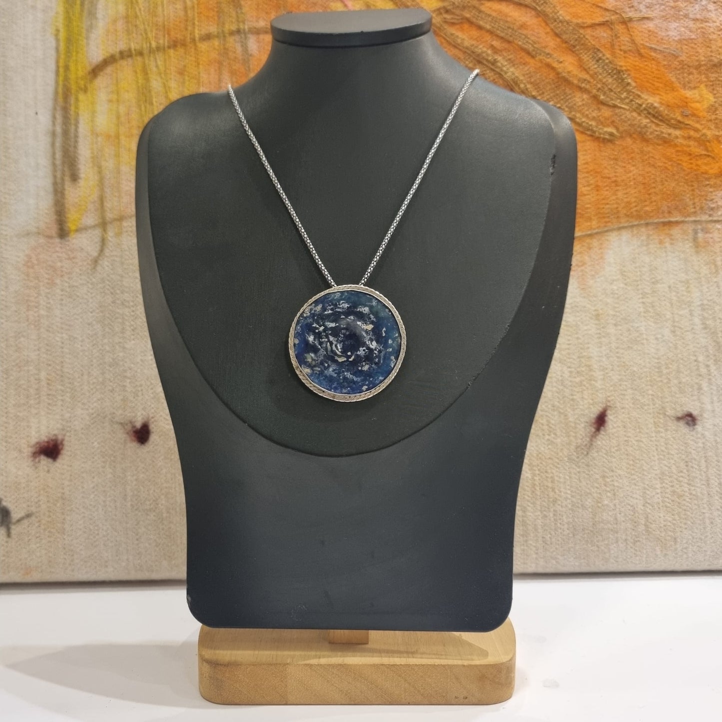 Round Roman Glass Pendant in Sterling Silver