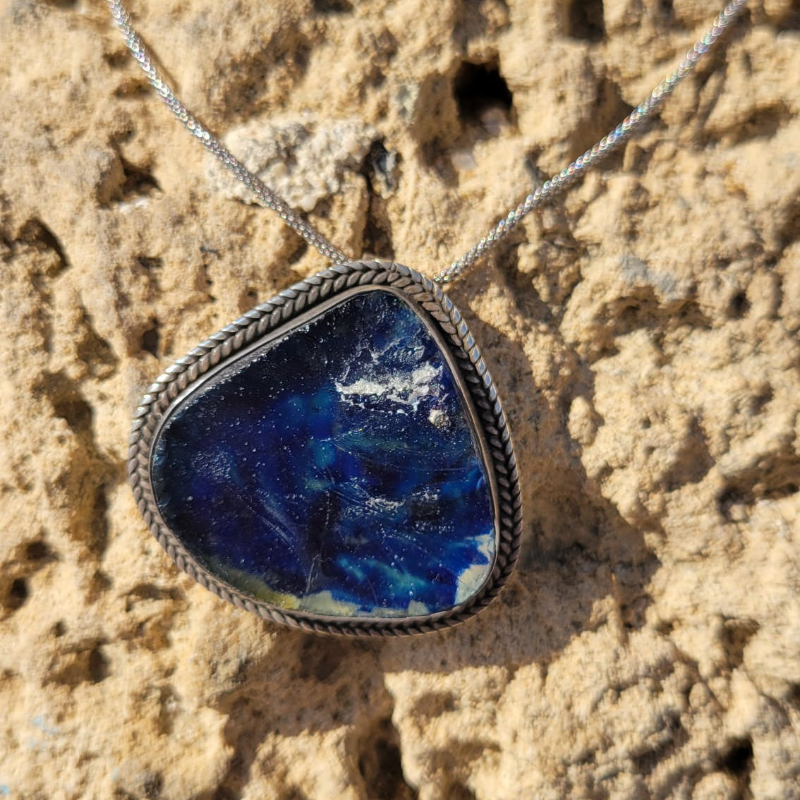 Mystic Triangle Necklace – Sterling Silver & Roman Glass RG03